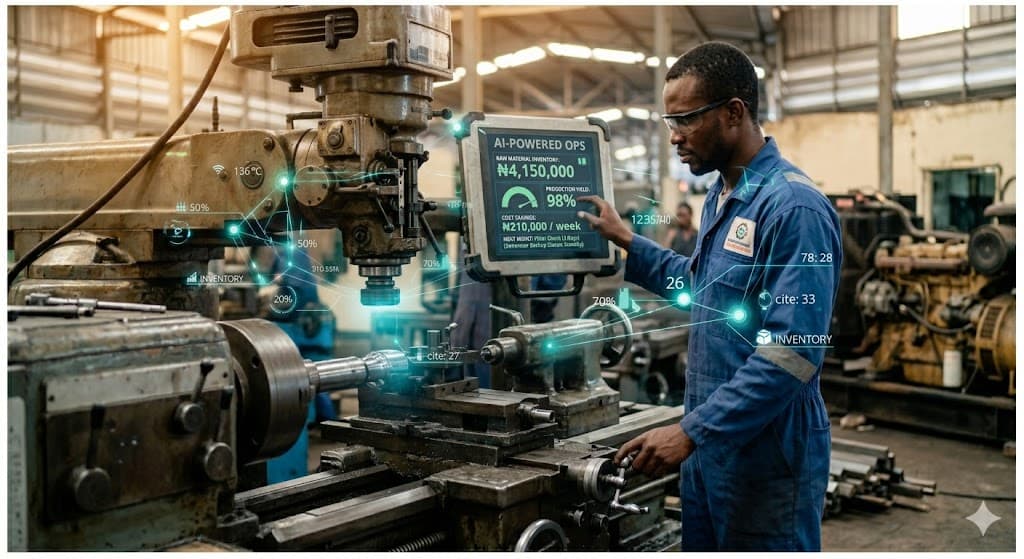 AI-powered manufacturing software dashboard showing production analytics and automation